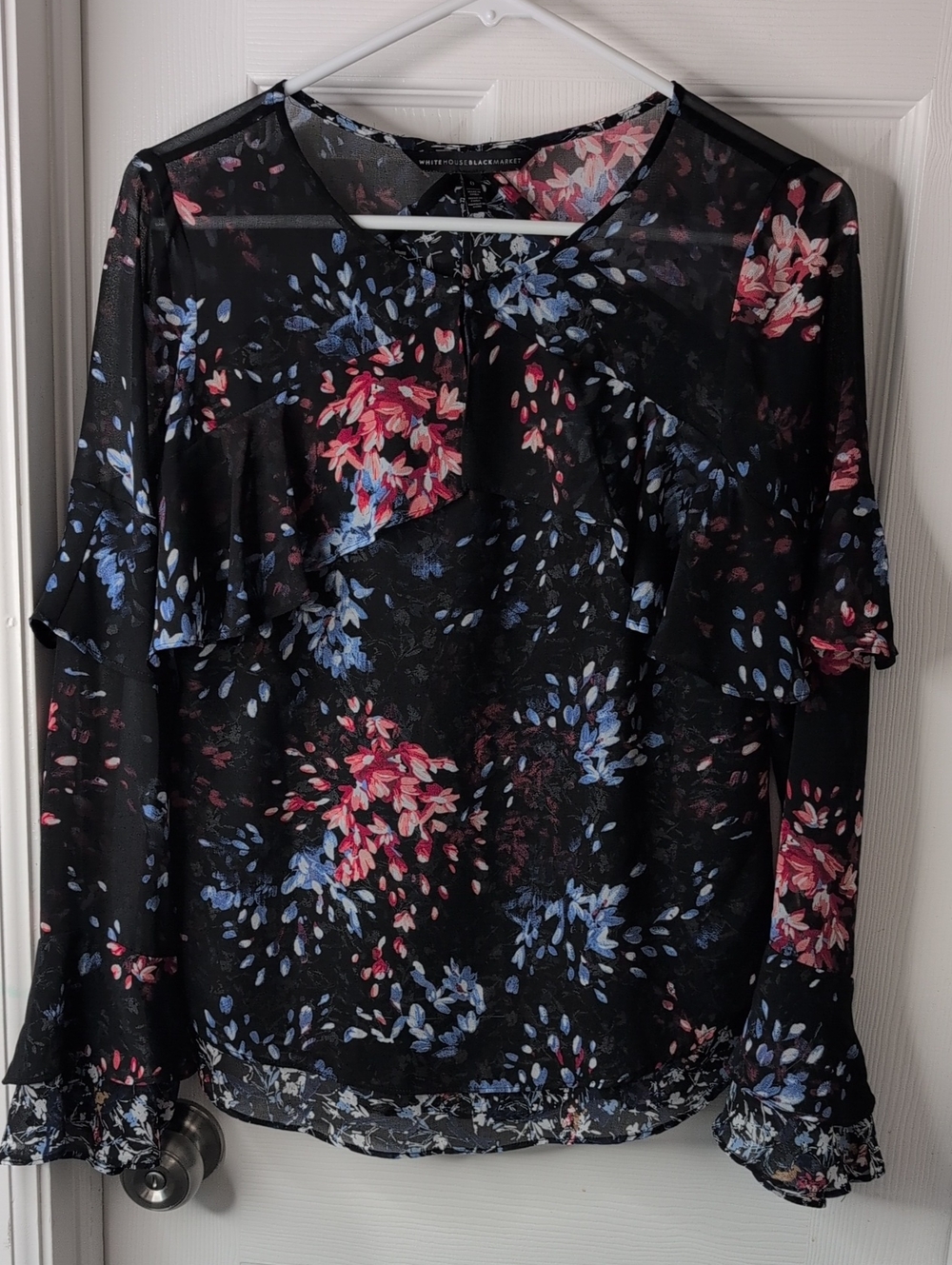 Black Floral Ruffle Blouse with Pink & Blue Accents Size 0